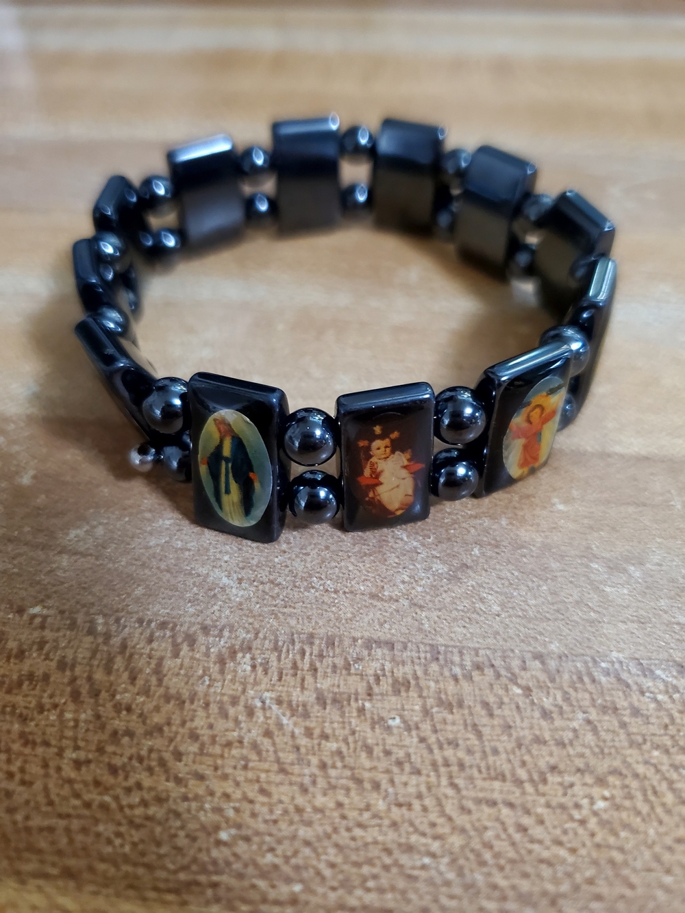 Religious Icon Hematite Stretch Bracelet in Black
